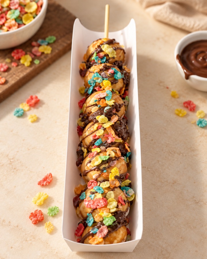 Brochette de mini pancakes au chocolat et aux céréales colorées