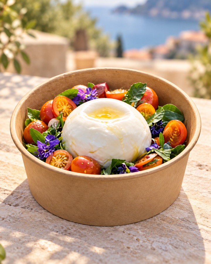 Burrata fraîche, tomates colorées, basilic et fleurs comestibles dans un bol kraft