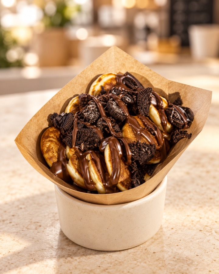 Cornet kraft garni de mini pancakes, chocolat et biscuits